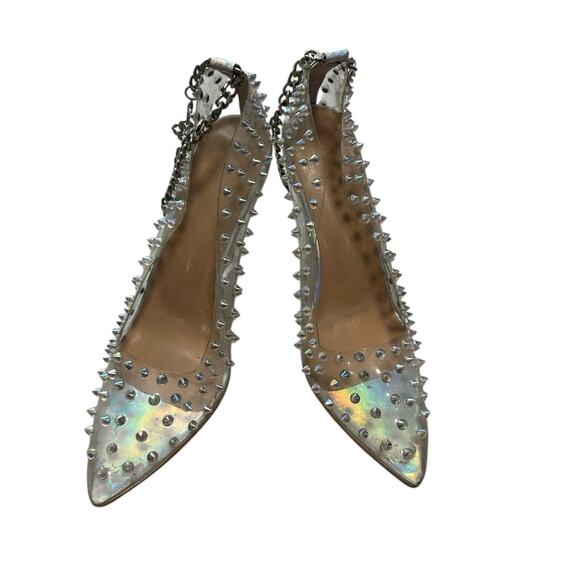 Vintage Y2K Clear Spiked Pumps Stiletto Heels Ankle Chain Pointed Toe 8.5 Glam - Picture 4 of 7